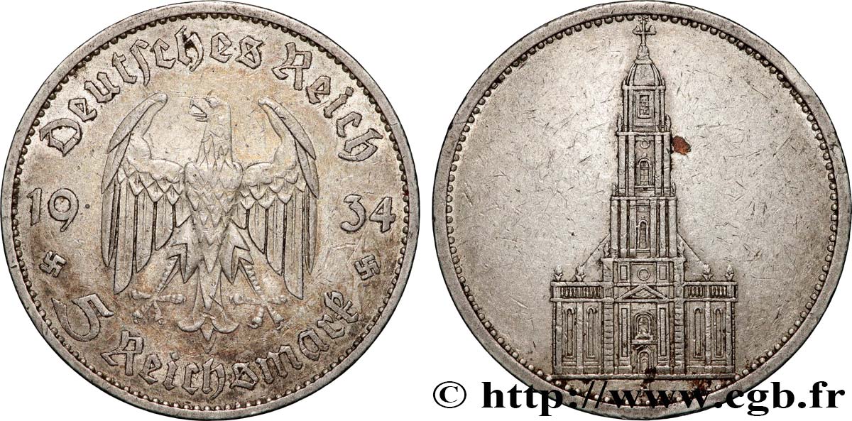 ALLEMAGNE 5 Reichsmark Église de la garnison de Potsdam 1934 Berlin TTB 