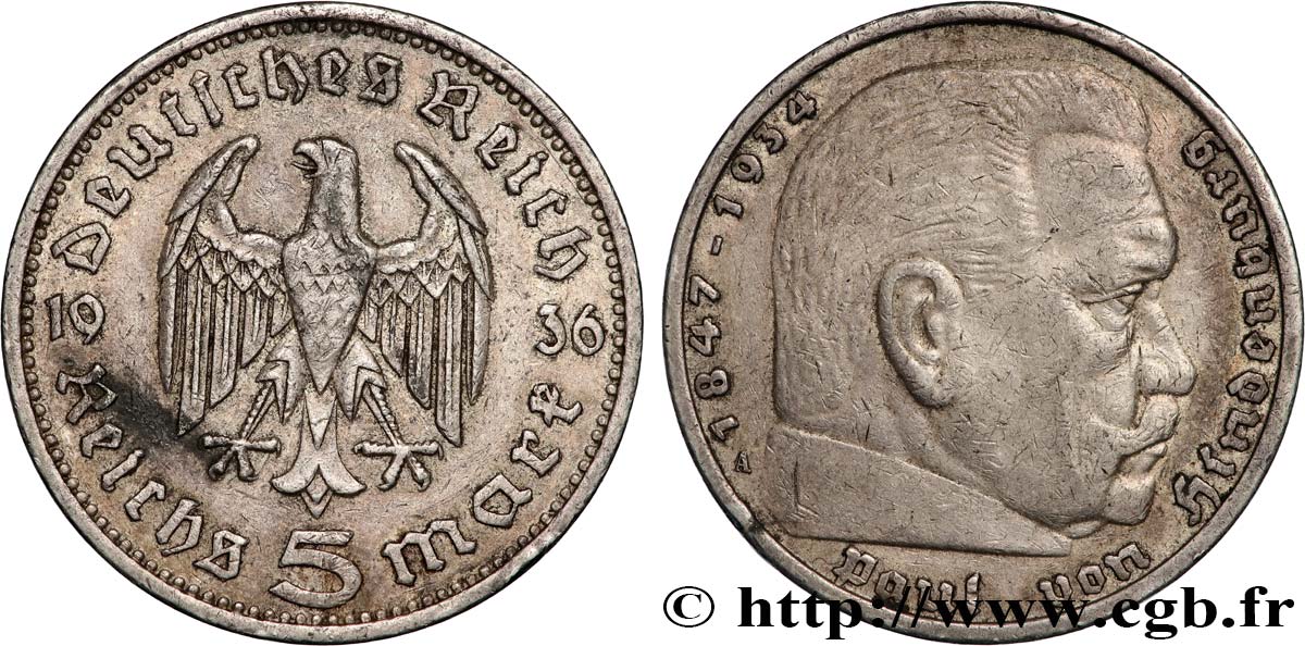 GERMANY 5 Reichsmark Maréchal Paul von Hindenburg 1936 Berlin XF 