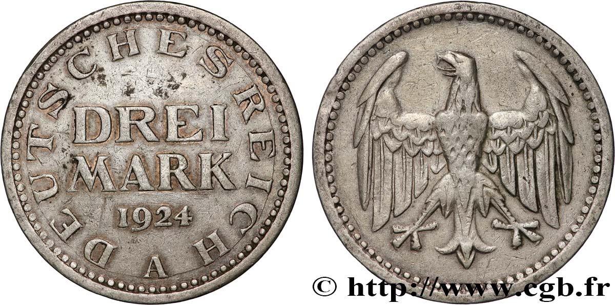 ALLEMAGNE 3 Mark 1924 Berlin TTB 