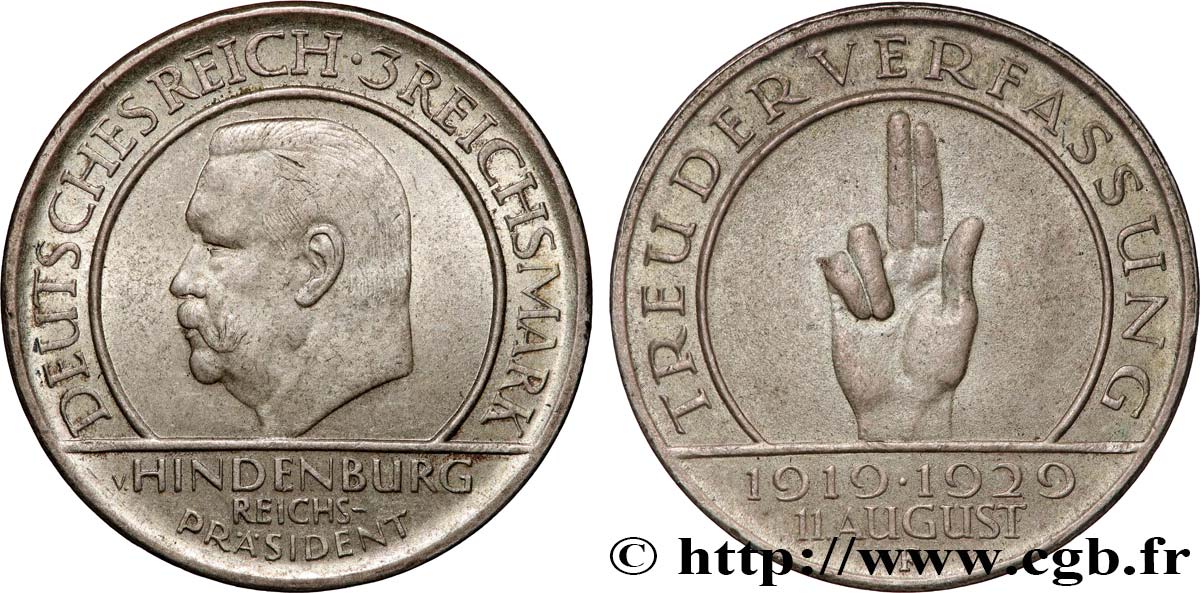 ALLEMAGNE 3 Reichsmark 10e anniversaire de la République  1929 Stuttgart TTB 