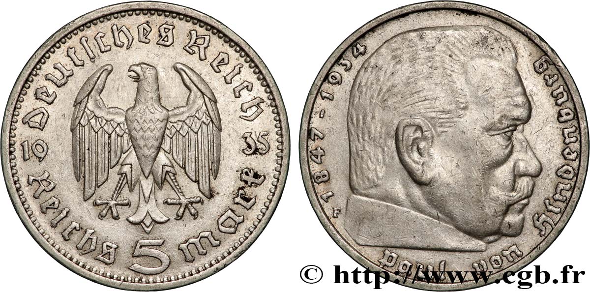 GERMANY 5 Reichsmark Maréchal Paul von Hindenburg 1935 Stuttgart XF 