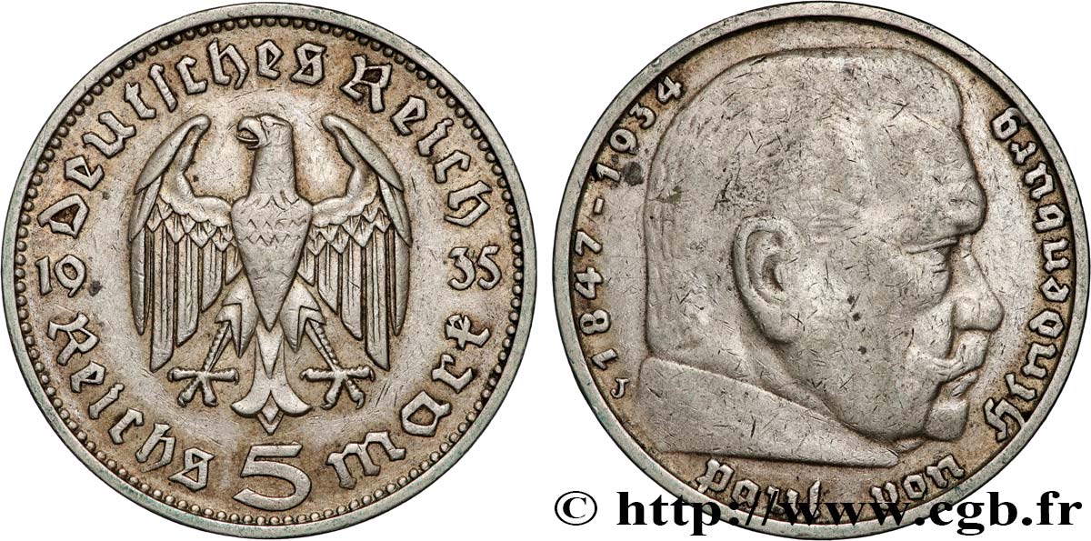 ALLEMAGNE 5 Reichsmark Maréchal Paul von Hindenburg 1935 Hambourg - J TTB 
