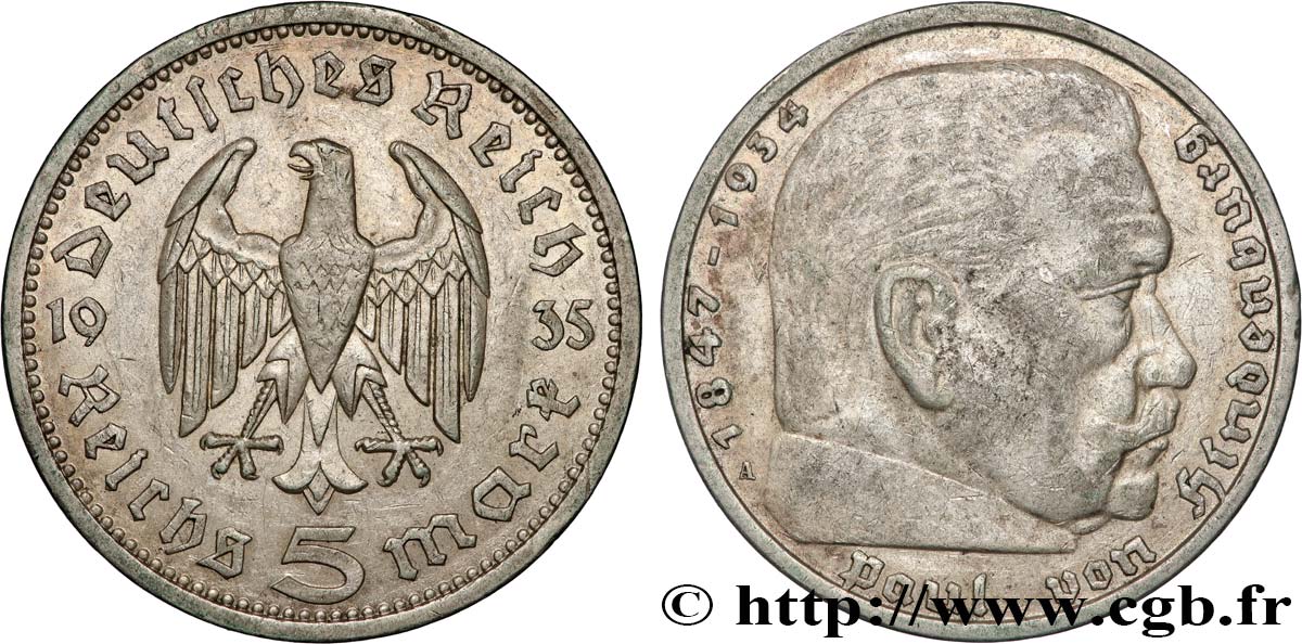 GERMANY 5 Reichsmark Maréchal Paul von Hindenburg 1935 Berlin XF 