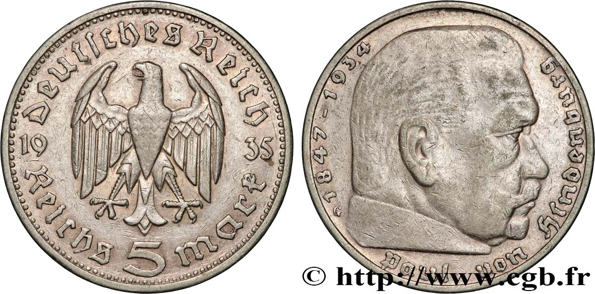 DEUTSCHLAND 5 Reichsmark Maréchal Paul von Hindenburg 1935 Karlsruhe - G SS 