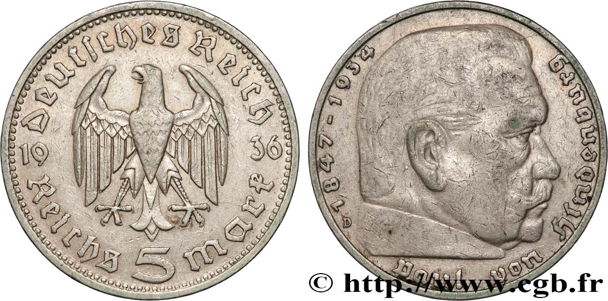 GERMANY 5 Reichsmark Mar chal Paul von Hindenburg 1936 Munich