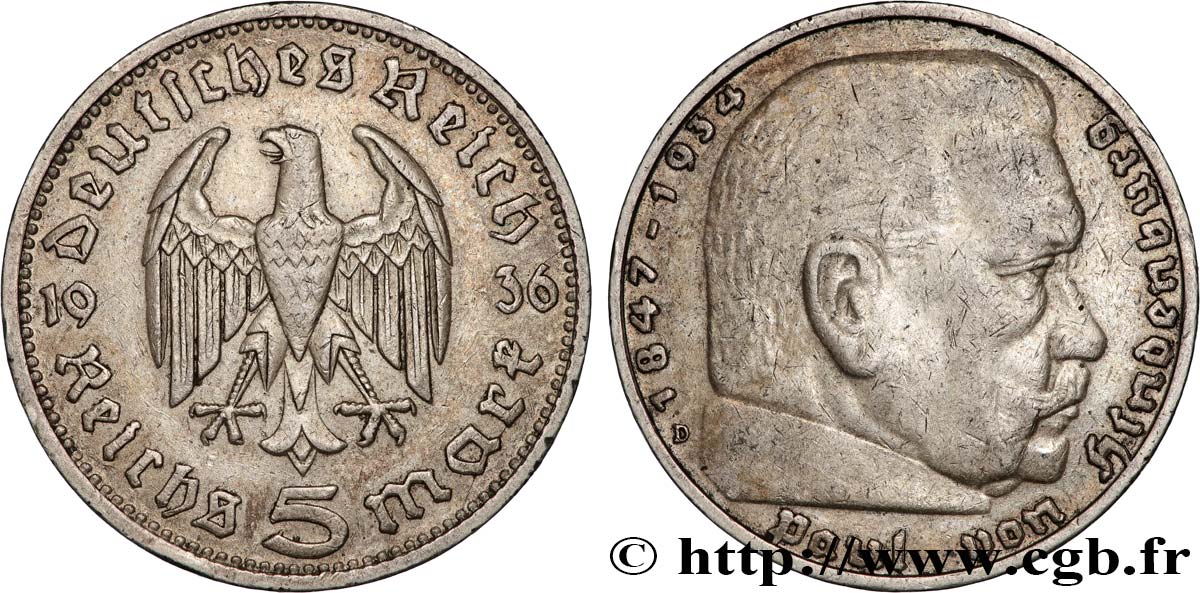 ALLEMAGNE 5 Reichsmark Maréchal Paul von Hindenburg 1936 Munich TTB 