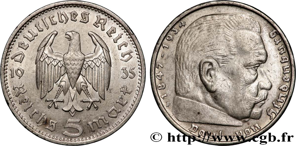 DEUTSCHLAND 5 Reichsmark Aigle / Maréchal Paul von Hindenburg 1935 Stuttgart fVZ 