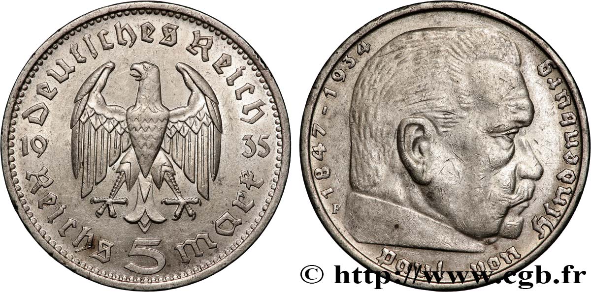 GERMANIA 5 Reichsmark Aigle / Maréchal Paul von Hindenburg 1935 Stuttgart q.SPL 