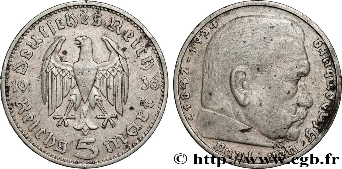 ALLEMAGNE 5 Reichsmark Maréchal Paul von Hindenburg 1936 Hambourg TTB 