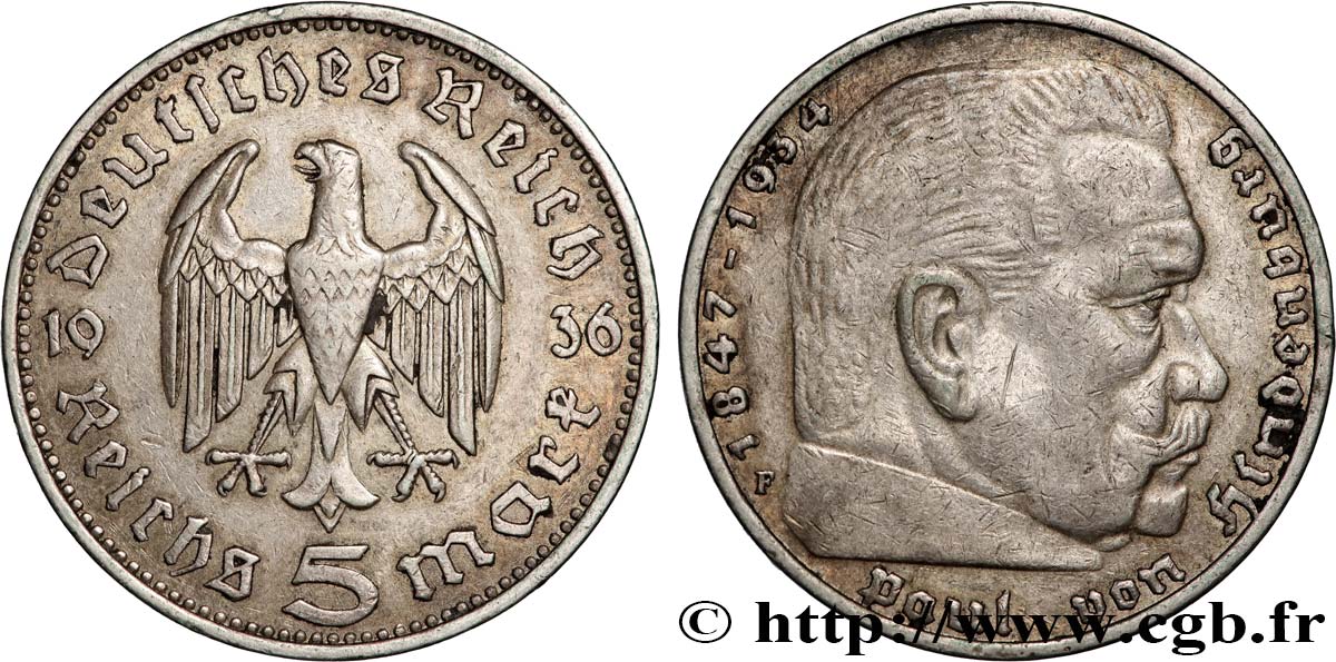 ALLEMAGNE 5 Reichsmark Maréchal Paul von Hindenburg 1936 Stuttgart TTB 