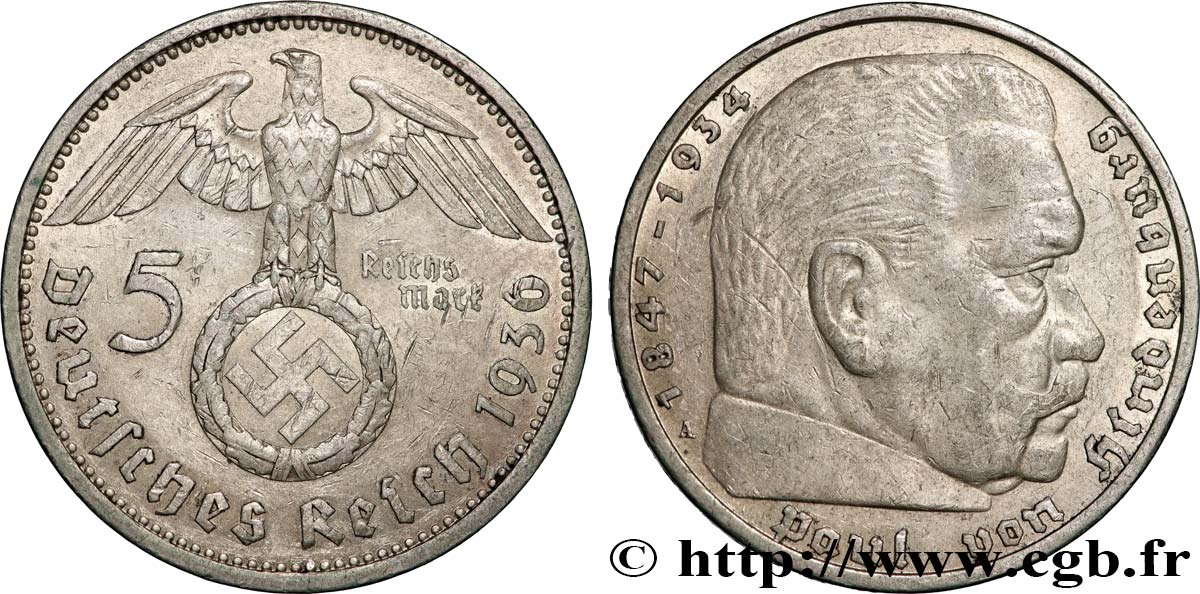 DEUTSCHLAND 5 Reichsmark Maréchal Paul von Hindenburg 1936 Berlin fVZ 