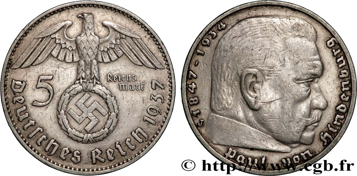 ALEMANIA 5 Reichsmark Maréchal Paul von Hindenburg 1937 Hambourg MBC+ 