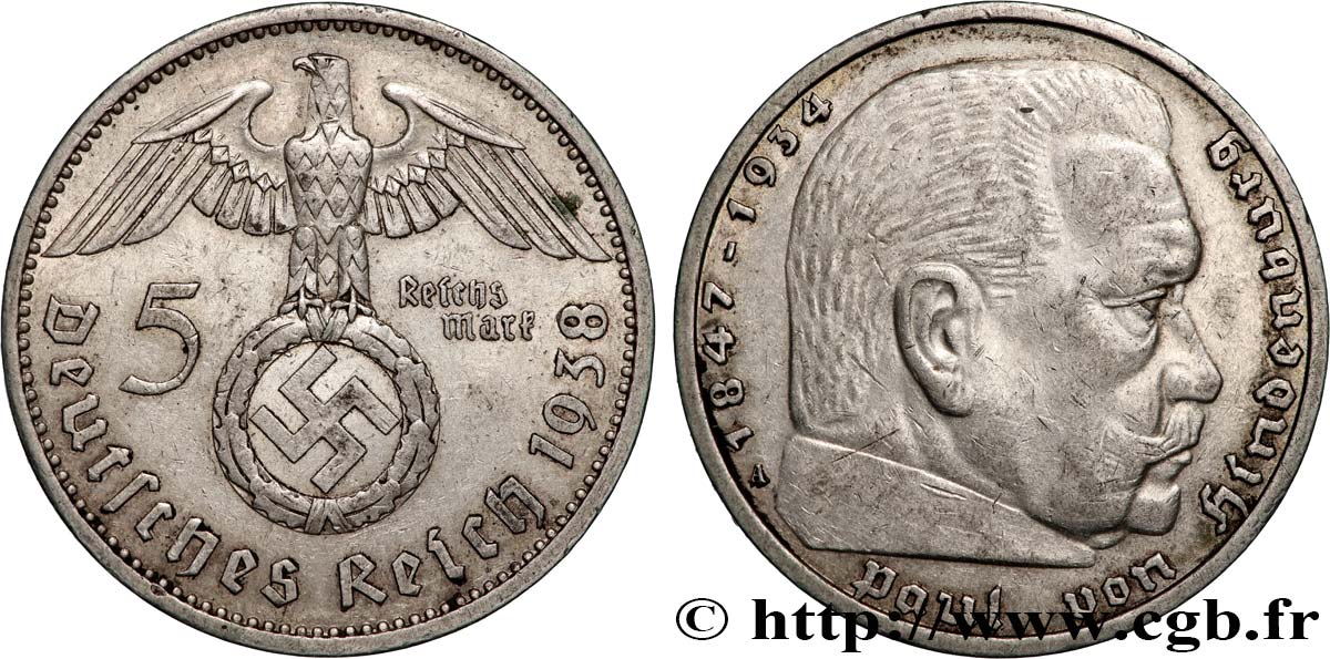 ALLEMAGNE 5 Reichsmark Maréchal Paul von Hindenburg 1938 Berlin TTB+ 