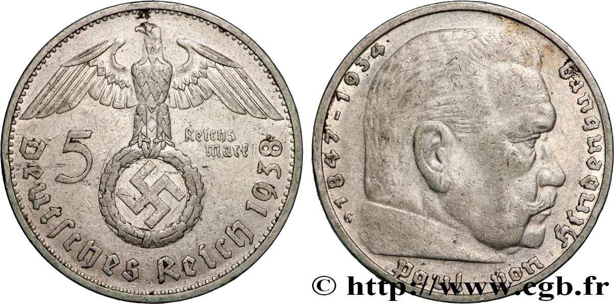 ALLEMAGNE 5 Reichsmark Maréchal Paul von Hindenburg 1938 Karlsruhe TTB 