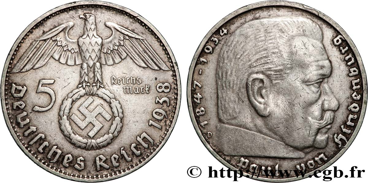 ALLEMAGNE 5 Reichsmark aigle surmontant une swastika / Maréchal Paul von Hindenburg 1938 Munich - D TTB+ 
