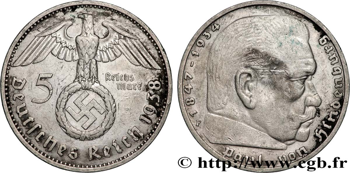 DEUTSCHLAND 5 Reichsmark Maréchal Paul von Hindenburg 1938 Stuttgart SS 