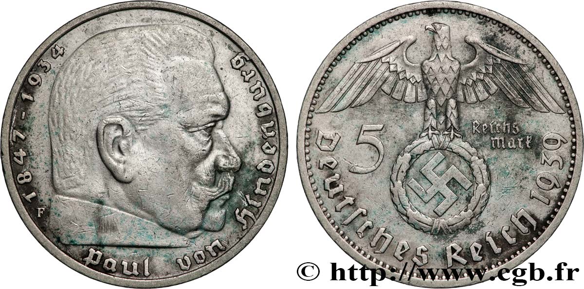 ALEMANIA 5 Reichsmark Maréchal Paul von Hindenburg 1939 Stuttgart - F MBC 