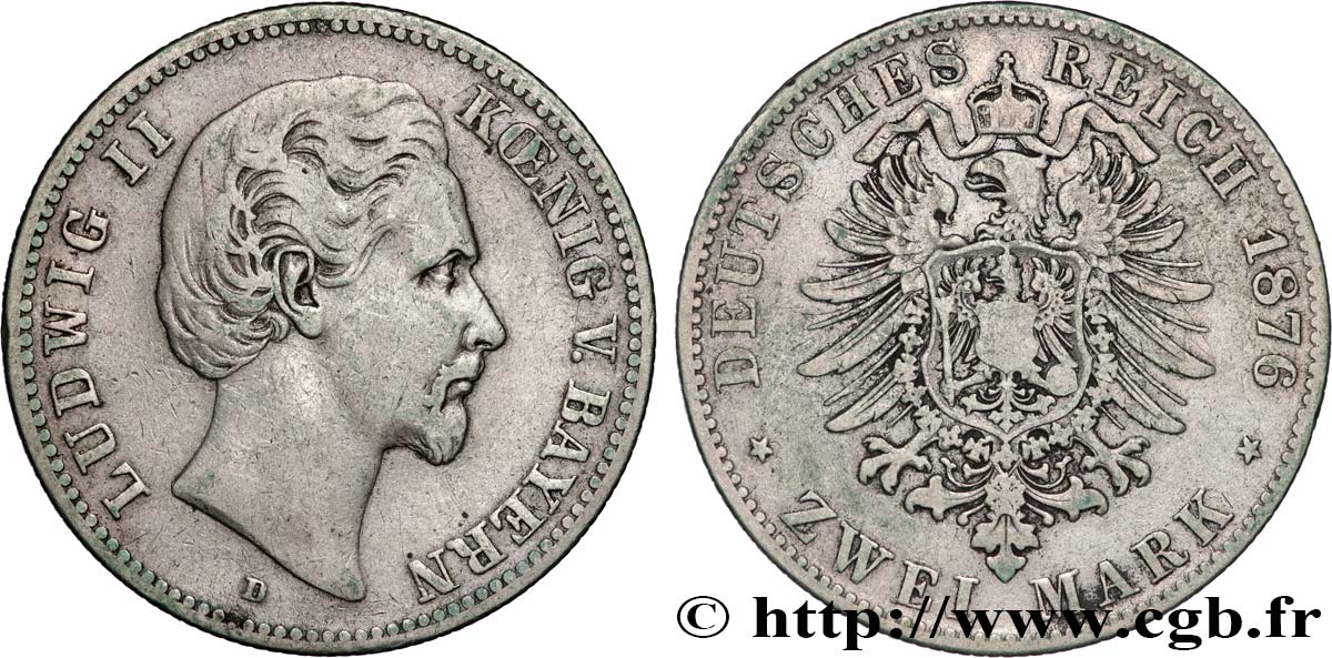 GERMANY - KINGDOM OF BAVARIA - LUDWIG II 2 Mark  1876 Munich VF 