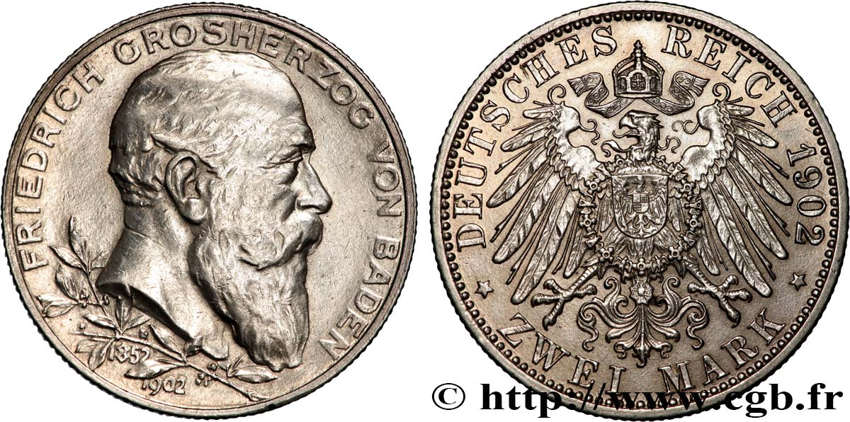 GERMANIA - BADEN 2 Mark 50 ans de règne de Frédéric 1902 Karlsruhe q.SPL 
