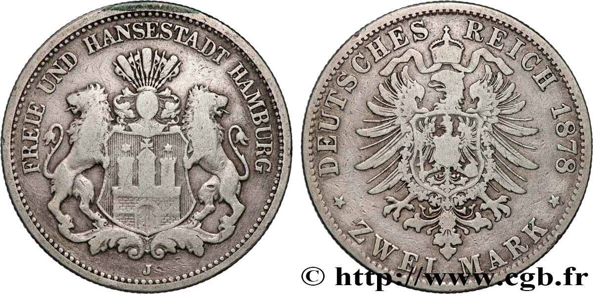 GERMANY - FREE CITY OF HAMBURG 2 Mark 1878 Hambourg VF 