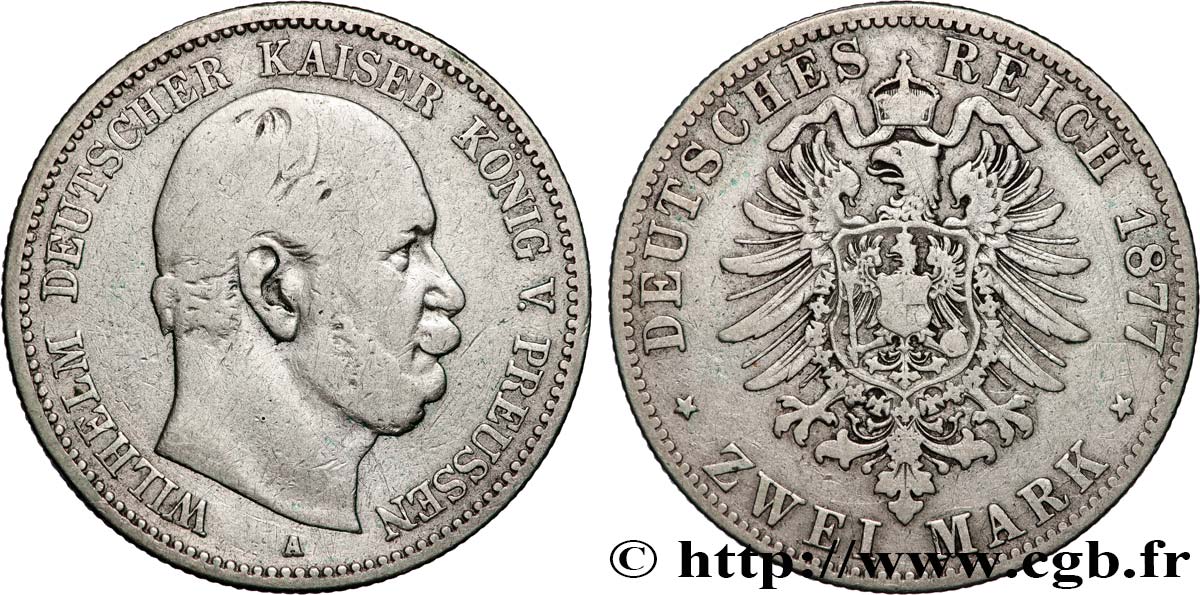 GERMANY - PRUSSIA 2 Mark royaume Guillaume Ier, 1e type 1877 Berlin VF 