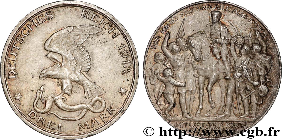 GERMANY - PRUSSIA 3 Mark 100e anniversaire défaite de Napoléon 1913 Berlin AU 