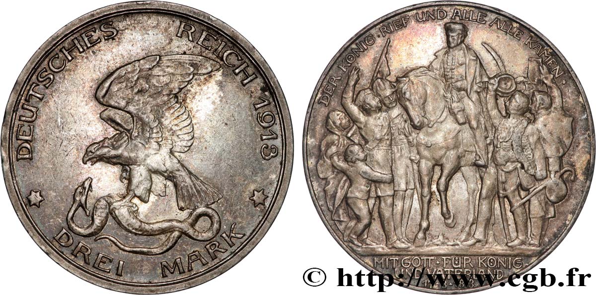 ALLEMAGNE - PRUSSE 3 Mark 100e anniversaire défaite de Napoléon 1913 Berlin TTB+ 