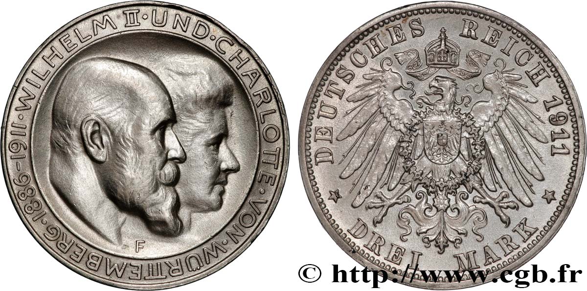 GERMANIA - BAVIERIA 3 Mark, Willem II et Charlotte 1911  SPL 