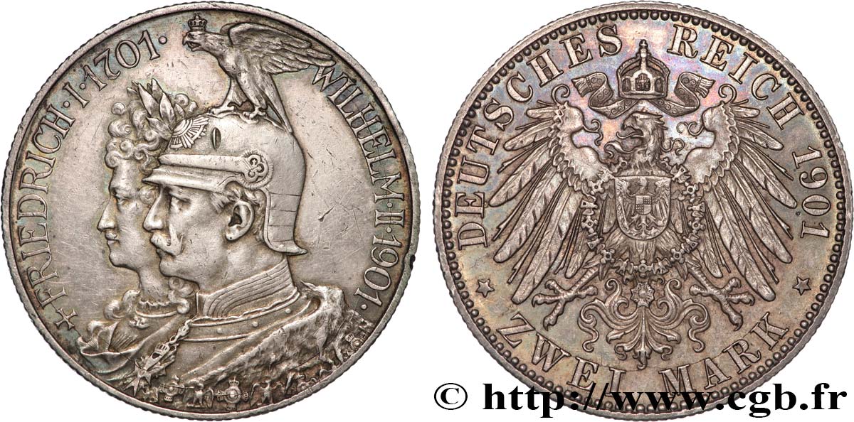 ALLEMAGNE - PRUSSE 2 Mark Guillaume II 200e anniversaire de la Prusse 1901 Berlin SUP 