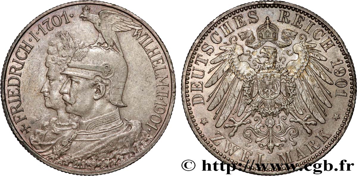 DEUTSCHLAND - PREUßEN 2 Mark Guillaume II 200e anniversaire de la Prusse 1901 Berlin fVZ 