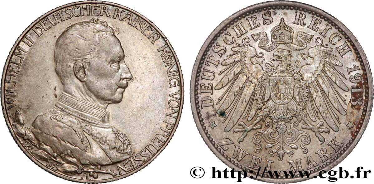 DEUTSCHLAND - PREUßEN 2 Mark 25e anniversaire de règne de Guillaume II 1913 Berlin fVZ 