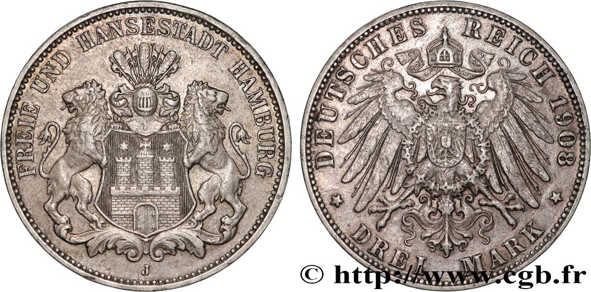 GERMANIA - LIBERA CITTA DE AMBURGO 3 Mark 1908 Hambourg q.SPL 