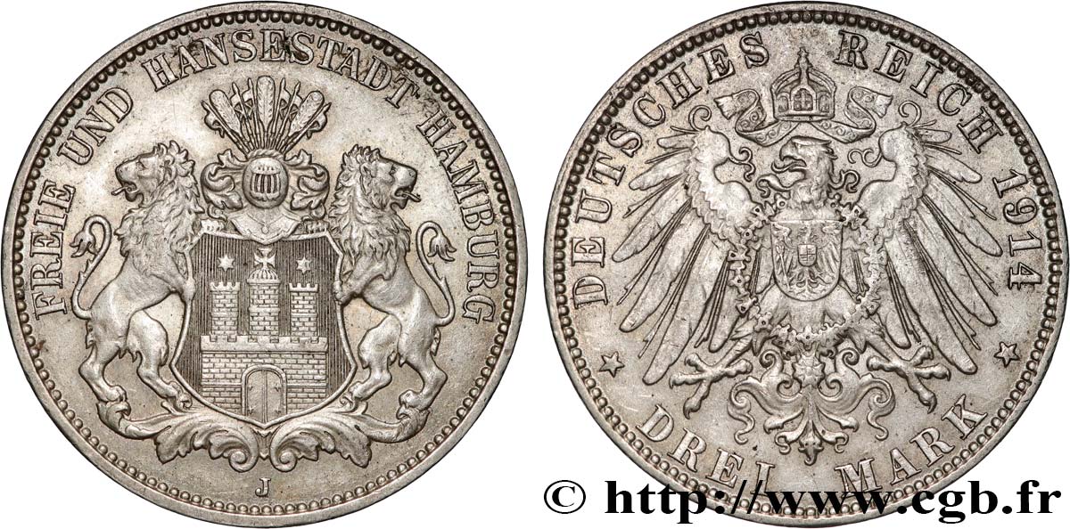 GERMANIA - LIBERA CITTA DE AMBURGO 3 Mark blason de Hambourg / aigle 1914 Hambourg - J q.SPL 