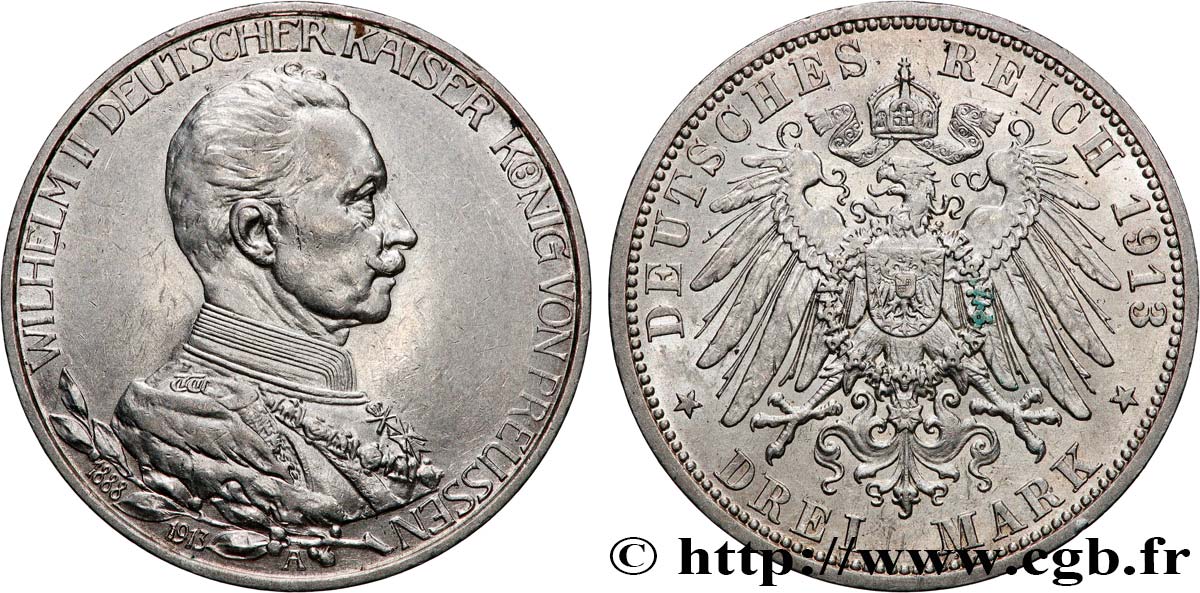 GERMANIA - PRUSSIA 3 Mark 25e anniversaire de règne de Guillaume II 1913 Berlin q.SPL 