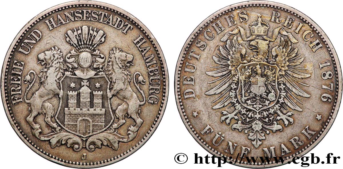 GERMANIA - LIBERA CITTA DE AMBURGO 5 Mark 1876 Hambourg q.BB 