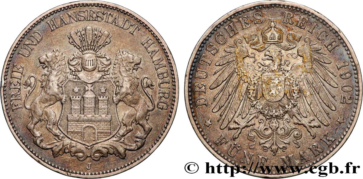 GERMANY - FREE CITY OF HAMBURG 5 Mark 1902 Hambourg XF 