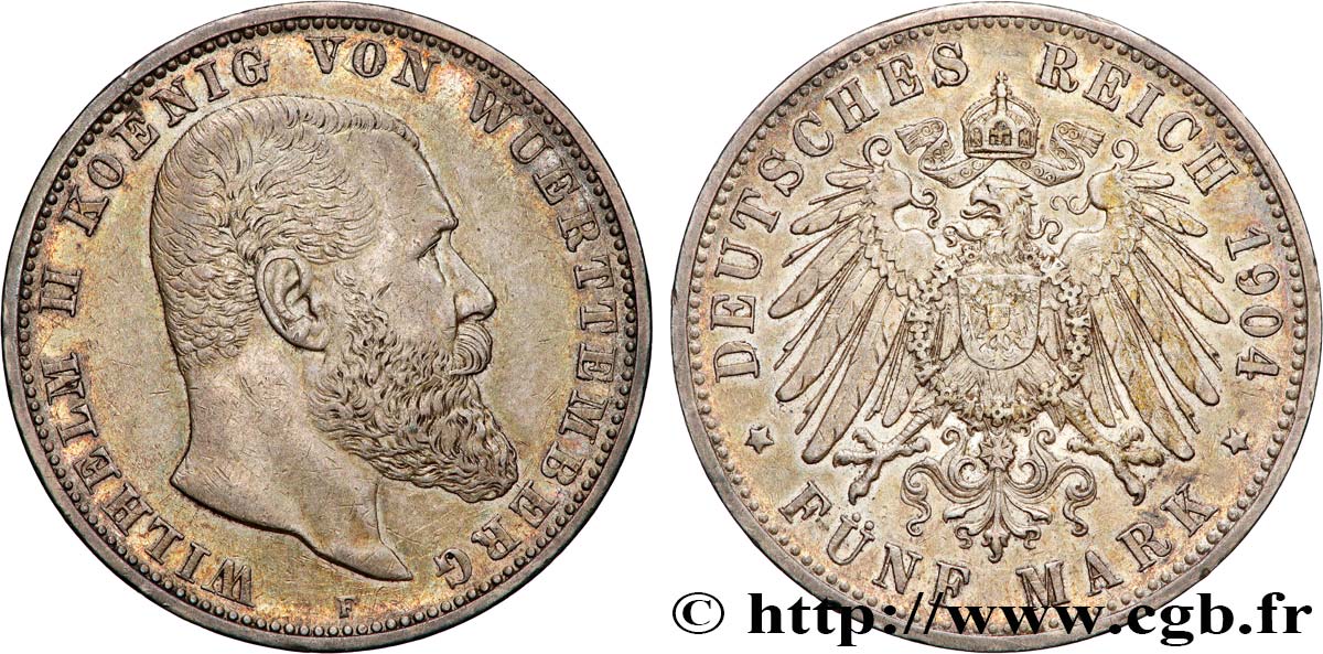 GERMANY - KINGDOM OF WÜRTTEMBERG - WILLIAM II 5 Mark  1904 Stuttgart XF 