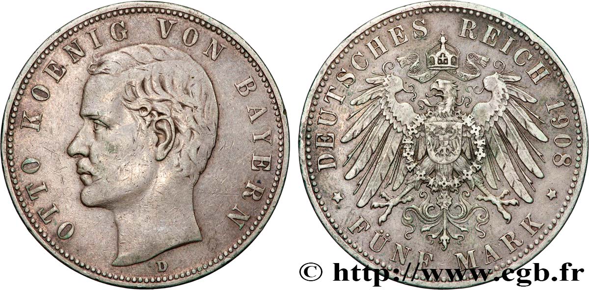 GERMANY - KINGDOM OF BAVARIA - OTTO 5 Mark  1908 Munich XF 