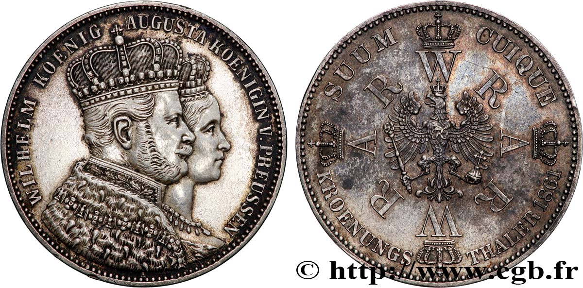 ALEMANIA - PRUSIA 1 Thaler couronnement de Guillaume Ier et Augusta 1861 Berlin MBC+ 
