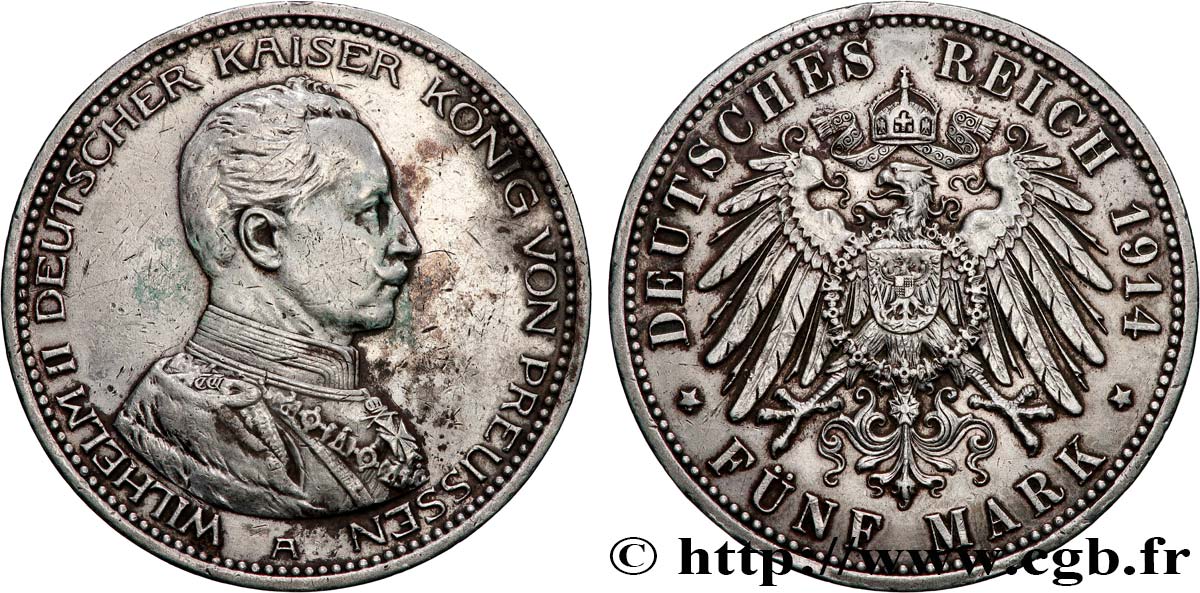 GERMANIA - REGNO DI PRUSSIA - GUGLIELMO II 5 Mark  1914 Berlin q.SPL 