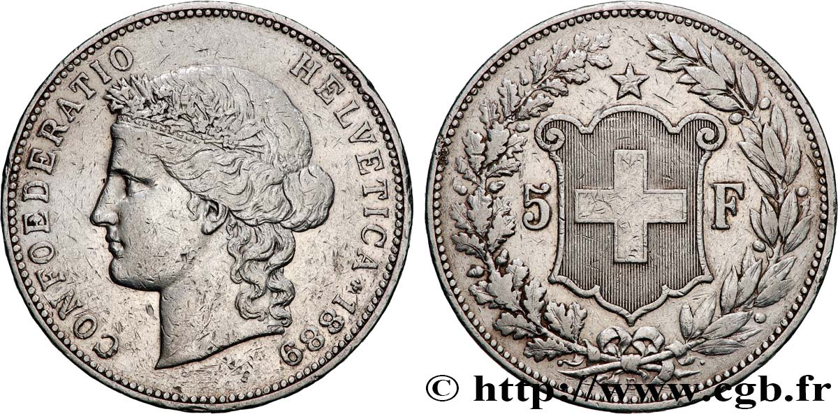 SWITZERLAND 5 Francs Helvetia 1889 Berne AU 