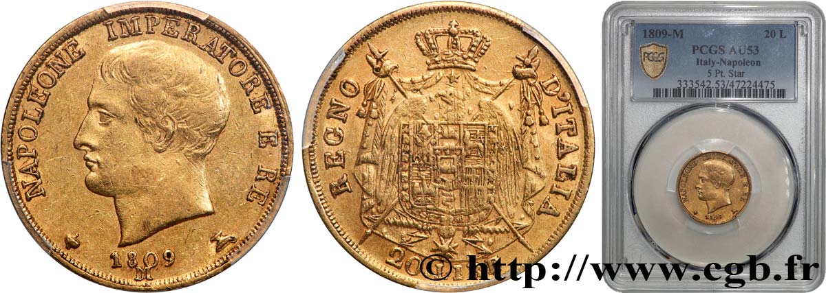 ITALY - KINGDOM OF ITALY - NAPOLEON I 20 Lire 1809 Milan AU53 PCGS