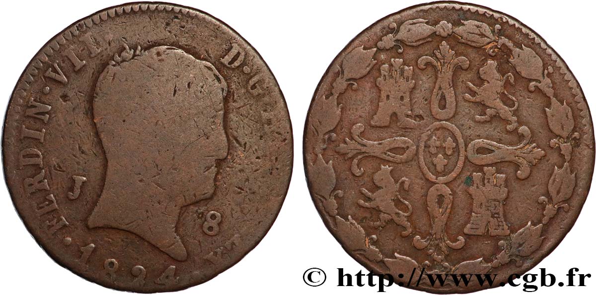 ESPAÑA 8 Maravedis Ferdinand VII 1824 Jubia RC+ 