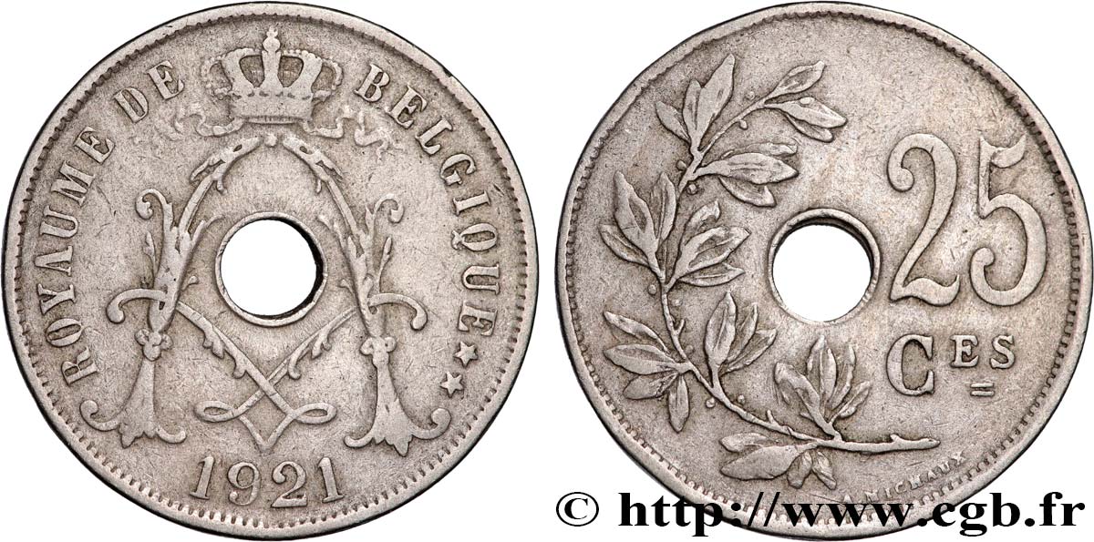 BELGIUM 25 Centimes Albert Ier 1921  XF 