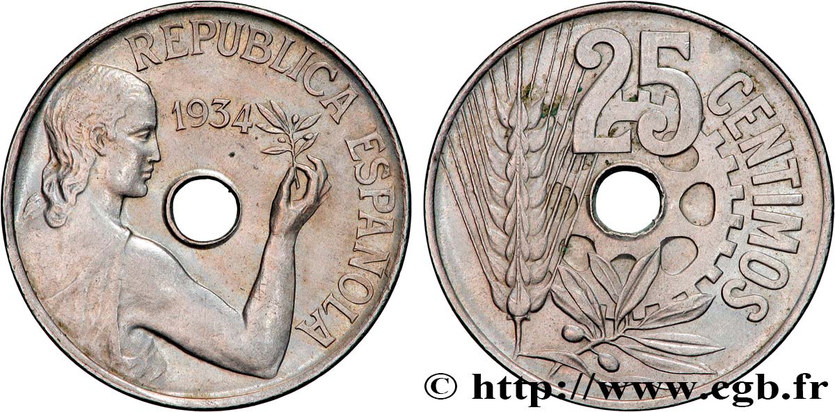 ESPAGNE 25 Centimos monnayage républicain 1934  TTB+ 