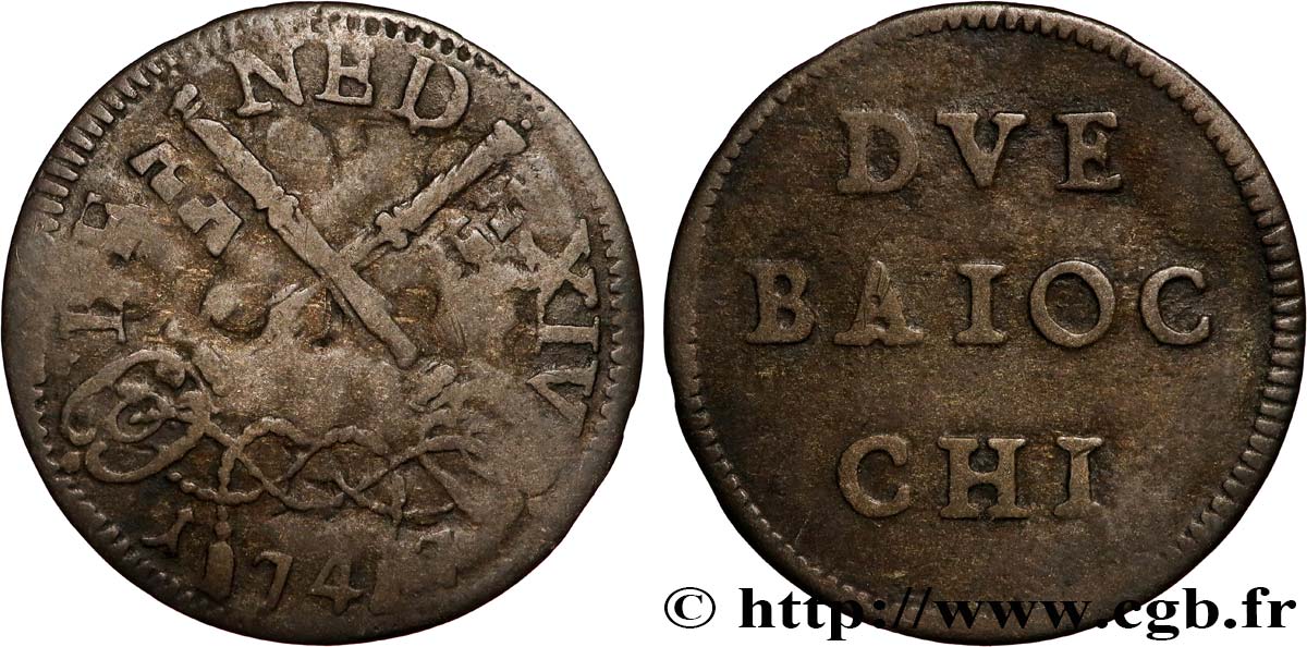 ITALIA - STATO PONTIFICIO - BENEDETTO XIV (Prospero Lambertini) 2 Baiocchi 1747 Rome MB 