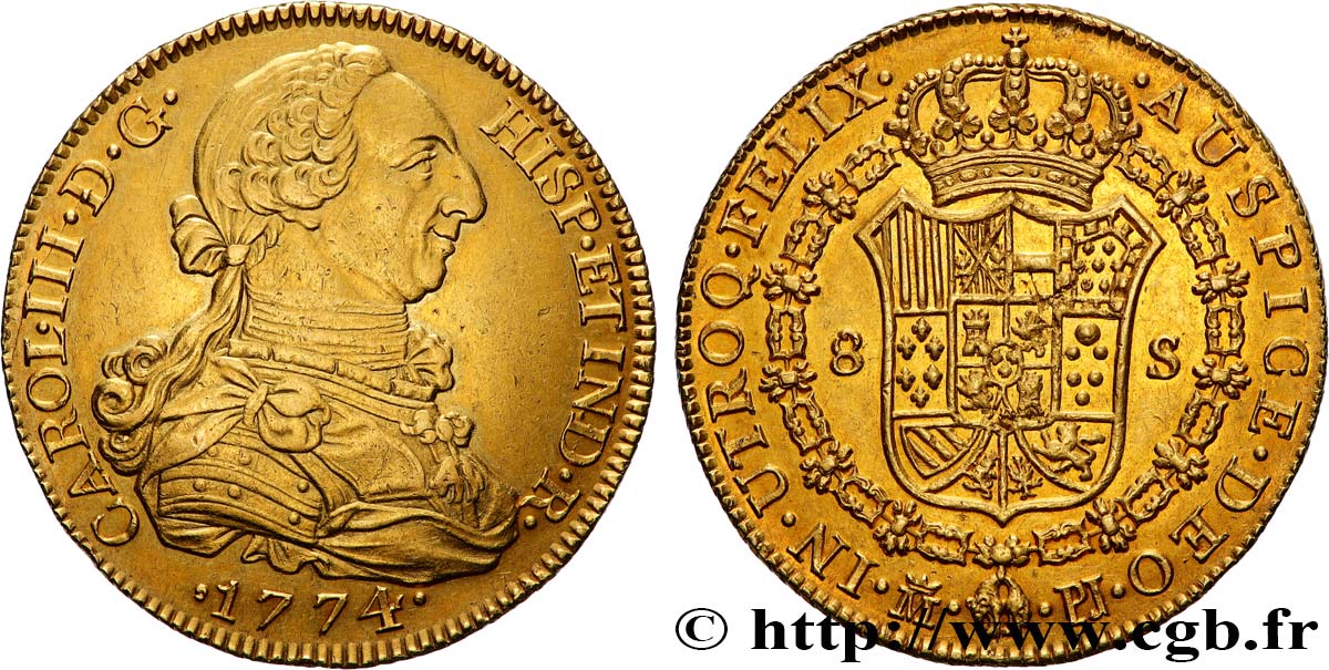 ESPAGNE - ROYAUME D ESPAGNE - CHARLES III 8 Escudos  1774 Madrid TTB+ 