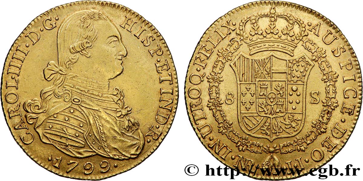 COLOMBIE - CHARLES IV 8 Escudos 1799 Nuevo Reino (Bogota) fVZ 
