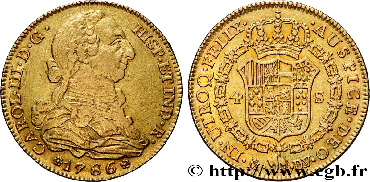 ESPAÑA - REINO DE ESPAÑA - CARLOS IV 4 Escudos 1786 Madrid BC+ 