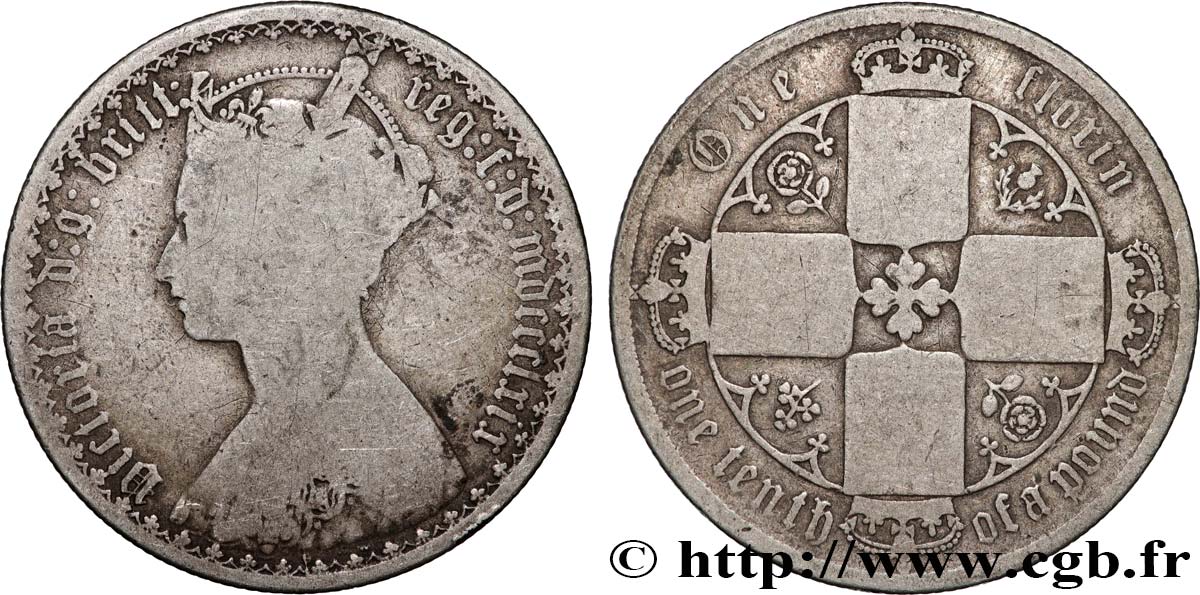 VEREINIGTEN KÖNIGREICH 1 Florin Victoria couronnée style gothique 1869 Londres S 